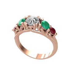 Eden 5 Taş Yüzük - Pırlanta, kök zümrüt ve kök yakut 8 ayar rose altın yüzük (0.92 karat) #18vgs6e