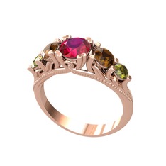 Rodolit garnet, dumanlı kuvars ve peridot 18 ayar rose altın yüzük