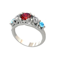Garnet, swarovski ve akuamarin 14 ayar beyaz altın yüzük