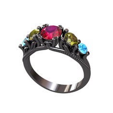 Eden 5 Taş Yüzük - Rodolit garnet, peridot ve akuamarin 925 ayar siyah rodyum kaplama gümüş yüzük #1a5d5nd