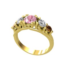 Pembe kuvars, swarovski ve dumanlı kuvars 925 ayar altın kaplama gümüş yüzük