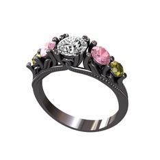 Eden 5 Taş Yüzük - Pırlanta, pembe kuvars ve peridot 925 ayar siyah rodyum kaplama gümüş yüzük (0.92 karat) #1aaijri