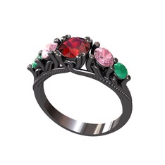 Eden 5 Taş Yüzük - Garnet, pembe kuvars ve kök zümrüt 925 ayar siyah rodyum kaplama gümüş yüzük #1ay3tuu