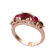 Kök yakut, rodolit garnet ve dumanlı kuvars 8 ayar rose altın yüzük