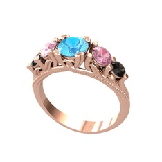 Akuamarin, pembe kuvars ve siyah zirkon 18 ayar rose altın yüzük