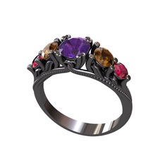 Eden 5 Taş Yüzük - Ametist, dumanlı kuvars ve rodolit garnet 925 ayar siyah rodyum kaplama gümüş yüzük #1bmatk9