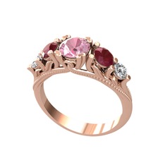 Eden 5 Taş Yüzük - Pembe kuvars, kök yakut ve pırlanta 925 ayar rose altın kaplama gümüş yüzük (0.36 karat) #1boqtm