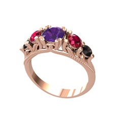 Ametist, rodolit garnet ve siyah zirkon 14 ayar rose altın yüzük