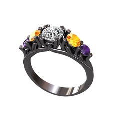 Eden 5 Taş Yüzük - Pırlanta, sitrin ve ametist 925 ayar siyah rodyum kaplama gümüş yüzük (0.92 karat) #1c7hojm