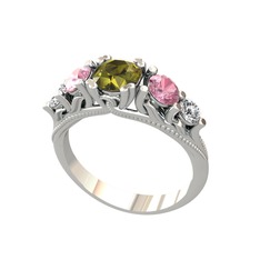 Peridot, pembe kuvars ve swarovski 18 ayar beyaz altın yüzük