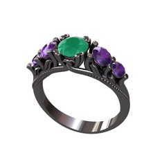 Kök zümrüt ve ametist 925 ayar siyah rodyum kaplama gümüş yüzük