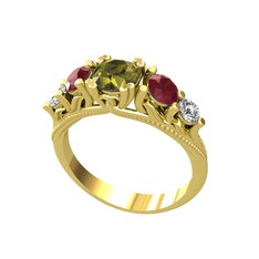 Peridot, kök yakut ve pırlanta 8 ayar altın yüzük (0.36 karat)