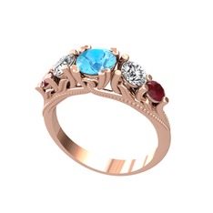 Akuamarin, swarovski ve kök yakut 8 ayar rose altın yüzük