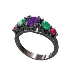 Eden 5 Taş Yüzük - Ametist, kök zümrüt ve rodolit garnet 925 ayar siyah rodyum kaplama gümüş yüzük #1dy6bkx