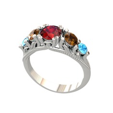 Garnet, dumanlı kuvars ve akuamarin 18 ayar beyaz altın yüzük