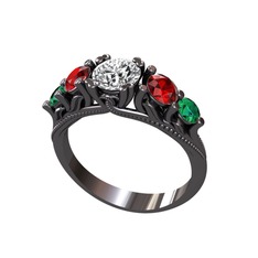 Eden 5 Taş Yüzük - Swarovski, garnet ve yeşil kuvars 925 ayar siyah rodyum kaplama gümüş yüzük #1emz1bj