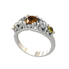 Eden 5 Taş Yüzük - Dumanlı kuvars, beyaz zirkon ve peridot 8 ayar beyaz altın yüzük #1fa9w0n