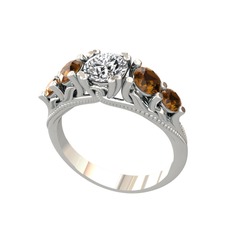 Eden 5 Taş Yüzük - Swarovski ve dumanlı kuvars 8 ayar beyaz altın yüzük #1frof90