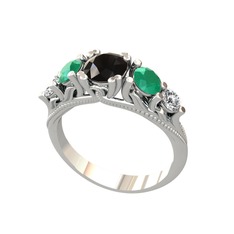 Eden 5 Taş Yüzük - Siyah zirkon, kök zümrüt ve pırlanta 8 ayar beyaz altın yüzük (0.36 karat) #1g105lu