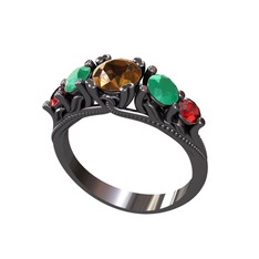 Eden 5 Taş Yüzük - Dumanlı kuvars, kök zümrüt ve garnet 925 ayar siyah rodyum kaplama gümüş yüzük #1g274ps
