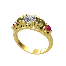 Eden 5 Taş Yüzük - Beyaz zirkon, peridot ve rodolit garnet 14 ayar altın yüzük #1gou355
