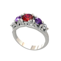 Eden 5 Taş Yüzük - Garnet, ametist ve pırlanta 14 ayar beyaz altın yüzük (0.36 karat) #1gubegf