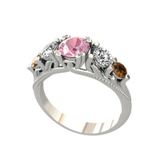 Pembe kuvars, swarovski ve dumanlı kuvars 8 ayar beyaz altın yüzük