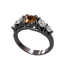 Eden 5 Taş Yüzük - Dumanlı kuvars, swarovski ve beyaz zirkon 925 ayar siyah rodyum kaplama gümüş yüzük #1h45jdk