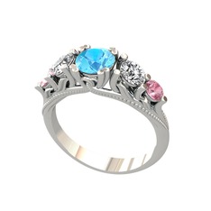 Eden 5 Taş Yüzük - Akuamarin, swarovski ve pembe kuvars 8 ayar beyaz altın yüzük #1hggsrk