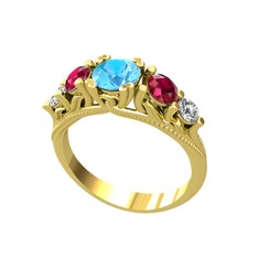 Akuamarin, rodolit garnet ve swarovski 925 ayar altın kaplama gümüş yüzük