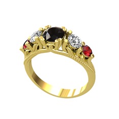 Siyah zirkon, beyaz zirkon ve garnet 14 ayar altın yüzük