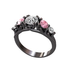 Eden 5 Taş Yüzük - Swarovski, pembe kuvars ve pırlanta 925 ayar siyah rodyum kaplama gümüş yüzük (0.36 karat) #1javmvh