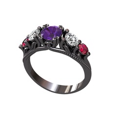 Eden 5 Taş Yüzük - Ametist, swarovski ve rodolit garnet 925 ayar siyah rodyum kaplama gümüş yüzük #1jfs6dr