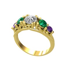 Eden 5 Taş Yüzük - Beyaz zirkon, yeşil kuvars ve ametist 14 ayar altın yüzük #1jowdn1
