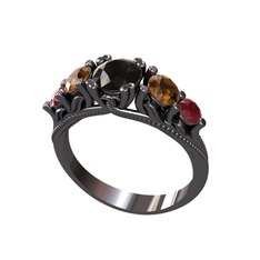 Eden 5 Taş Yüzük - Siyah zirkon, dumanlı kuvars ve kök yakut 925 ayar siyah rodyum kaplama gümüş yüzük #1k4qkla