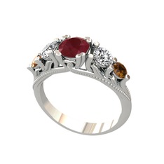 Eden 5 Taş Yüzük - Kök yakut, swarovski ve dumanlı kuvars 14 ayar beyaz altın yüzük #1l5rfxf