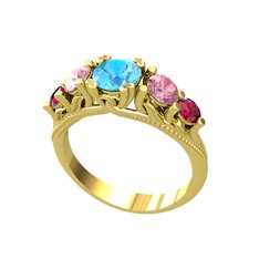 Akuamarin, pembe kuvars ve rodolit garnet 925 ayar altın kaplama gümüş yüzük