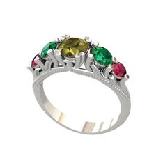 Eden 5 Taş Yüzük - Peridot, yeşil kuvars ve rodolit garnet 14 ayar beyaz altın yüzük #1lhm78b