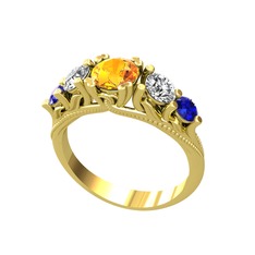 Sitrin, beyaz zirkon ve lab safir 14 ayar altın yüzük