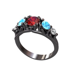 Eden 5 Taş Yüzük - Garnet, akuamarin ve swarovski 925 ayar siyah rodyum kaplama gümüş yüzük #1ln6zc1