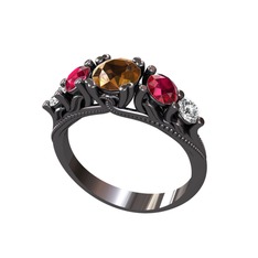 Eden 5 Taş Yüzük - Dumanlı kuvars, rodolit garnet ve swarovski 925 ayar siyah rodyum kaplama gümüş yüzük #1m2zc8x