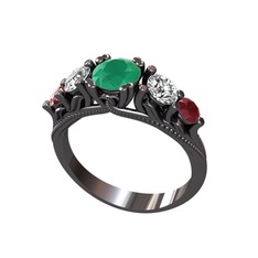 Kök zümrüt, swarovski ve kök yakut 925 ayar siyah rodyum kaplama gümüş yüzük