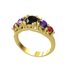 Siyah zirkon, ametist ve garnet 14 ayar altın yüzük