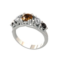 Dumanlı kuvars, swarovski ve siyah zirkon 14 ayar beyaz altın yüzük