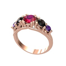 Rodolit garnet, siyah zirkon ve ametist 14 ayar rose altın yüzük