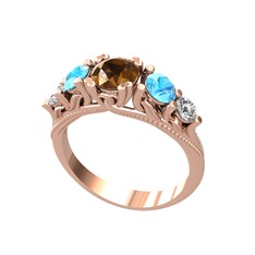 Eden 5 Taş Yüzük - Dumanlı kuvars, akuamarin ve pırlanta 925 ayar rose altın kaplama gümüş yüzük (0.36 karat) #1nhus2t
