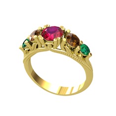 Rodolit garnet, dumanlı kuvars ve yeşil kuvars 18 ayar altın yüzük