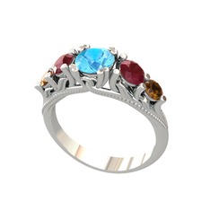 Eden 5 Taş Yüzük - Akuamarin, kök yakut ve dumanlı kuvars 14 ayar beyaz altın yüzük #1o8wwd1