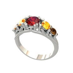 Garnet, sitrin ve dumanlı kuvars 8 ayar beyaz altın yüzük