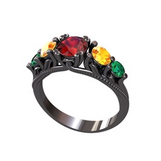 Eden 5 Taş Yüzük - Garnet, sitrin ve yeşil kuvars 925 ayar siyah rodyum kaplama gümüş yüzük #1owt8i6